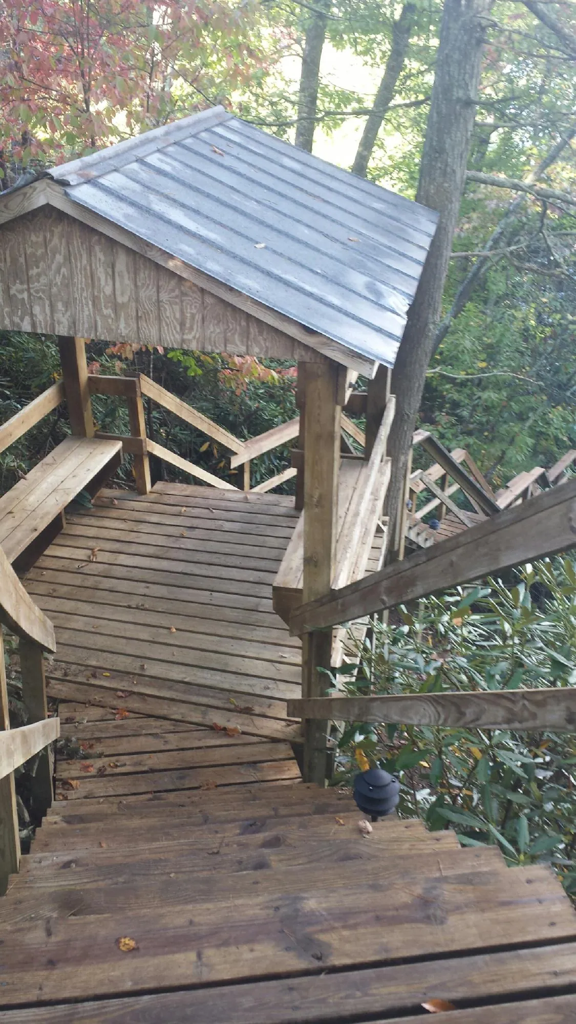 Metal roofed shelter over wooden steps on a wooded walkway — Skylight Repair & Installation work by our crew in Atkinson
